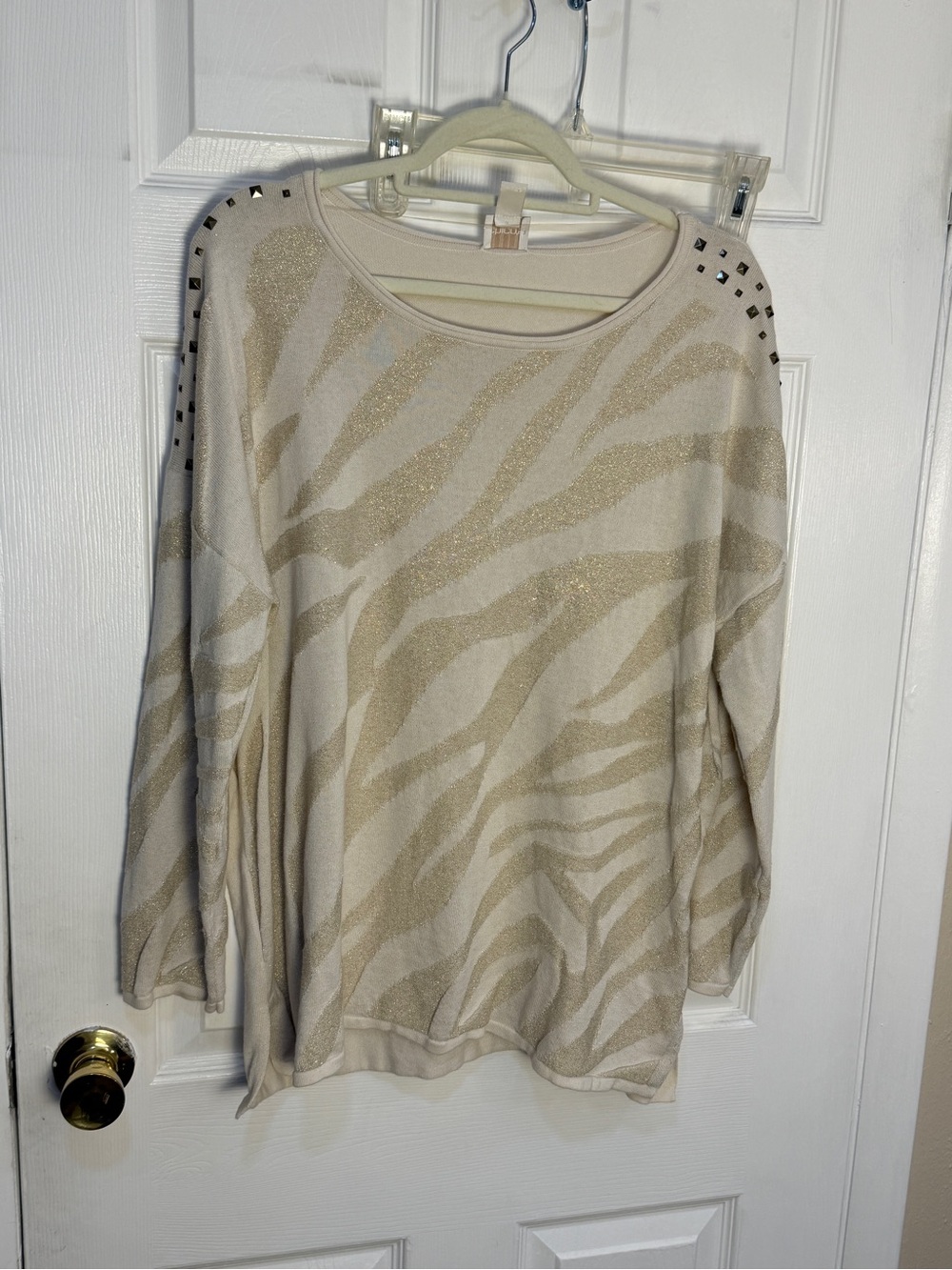 Chico’s Beige Metallic Zebra Print Knit Top with Studded Shoulders 3
